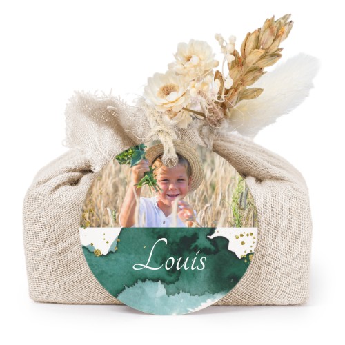 Såper i beige stoffinnpakninger med rundt merke (sett à 6)