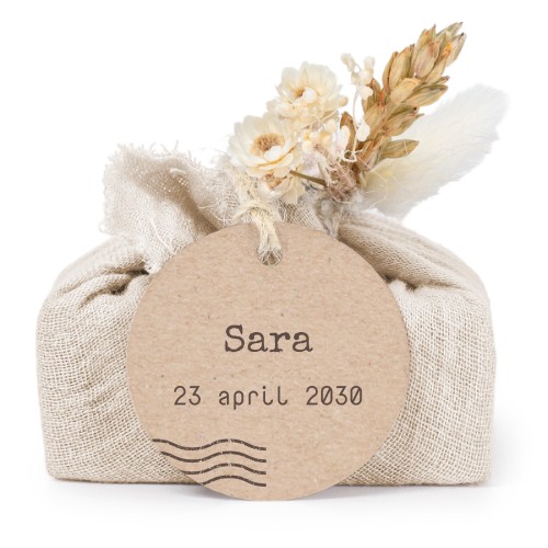 Zeepjes in beige tetra doekje met rond label (set van 6)