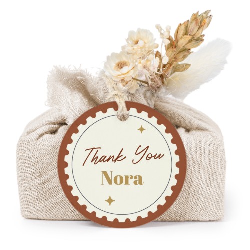 Lot de 6 savons avec emballage en coton beige et étiquettes rondes