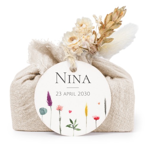 Zeepjes in beige tetra doekje met rond label (set van 6)