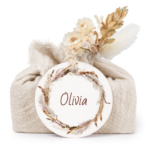 Sæber i beige stofindpakninger med rundt mærke (sæt á 6)