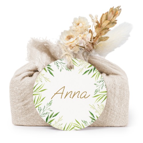 Tvålar i beige tygförpackningar med rund etikett (6 st)