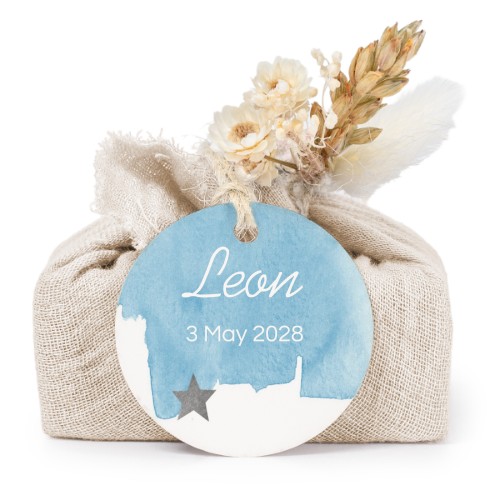 Zeepjes in beige tetra doekje met rond label (set van 6)