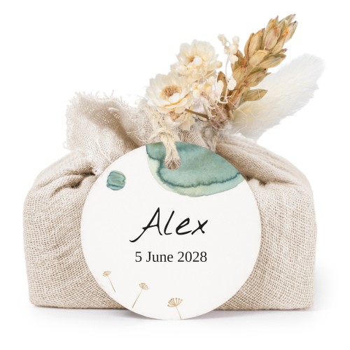 Lot de 6 savons avec emballage en coton beige et étiquettes rondes