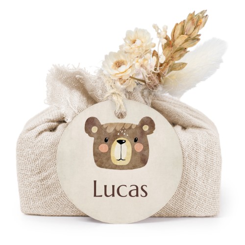 Lot de 6 savons avec emballage en coton beige et étiquettes rondes