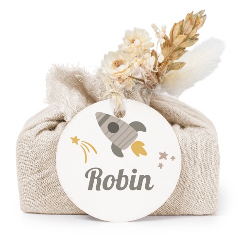 Zeepjes in beige tetra doekje met rond label (set van 6)