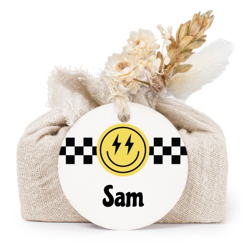 Zeepjes in beige tetra doekje met rond label (set van 6)