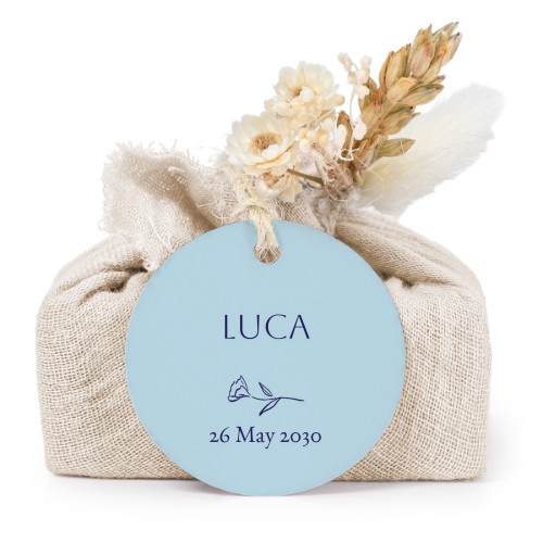 Tvålar i beige tygförpackningar med rund etikett (6 st)