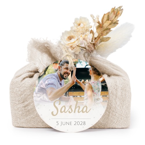 Tvålar i beige tygförpackningar med rund etikett (6 st)