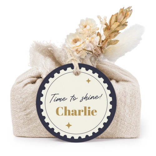 Tvålar i beige tygförpackningar med rund etikett (6 st)