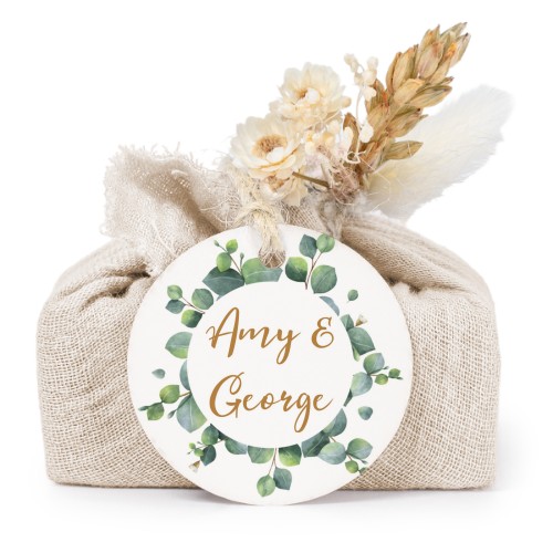 Zeepjes in beige tetra doekje met rond label (set van 6)