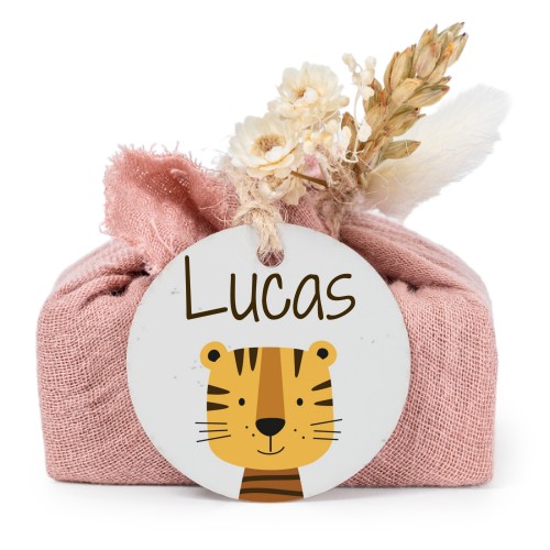 Tvålar i rosa tygförpackningar med rund etikett (6 st)