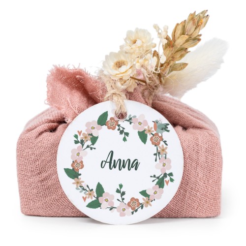 Tvålar i rosa tygförpackningar med rund etikett (6 st)