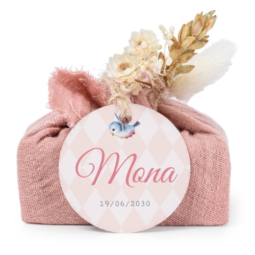 Tvålar i rosa tygförpackningar med rund etikett (6 st)