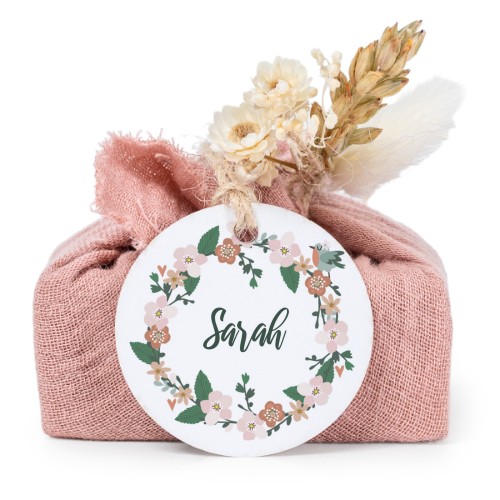 Tvålar i rosa tygförpackningar med rund etikett (6 st)