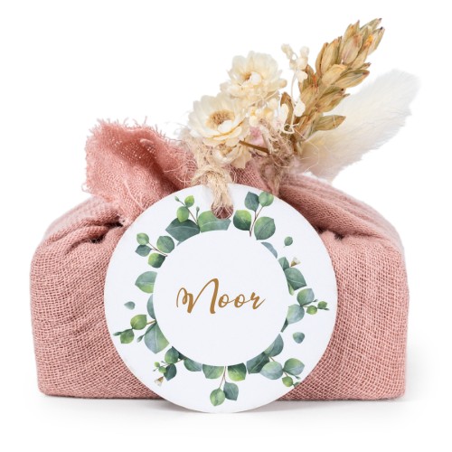 Zeepjes in roos tetra doekje met rond label (set van 6)