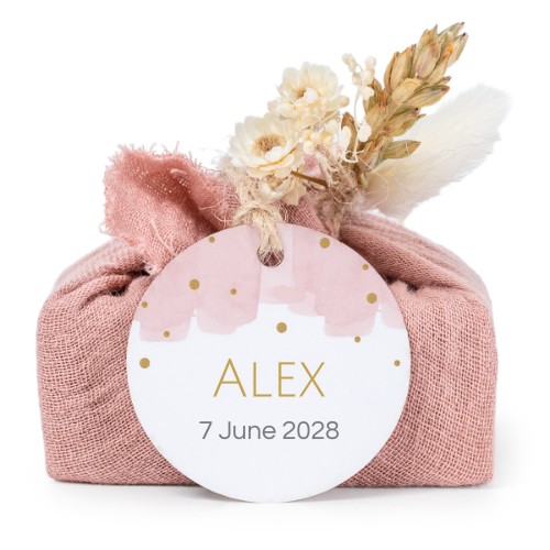 Tvålar i rosa tygförpackningar med rund etikett (6 st)