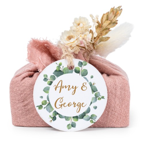 Lot de 6 savons avec emballage en coton rose et étiquettes rondes