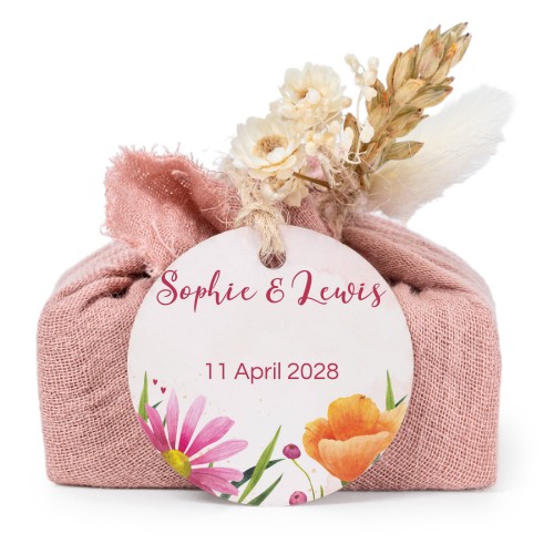 Lot de 6 savons avec emballage en coton rose et étiquettes rondes