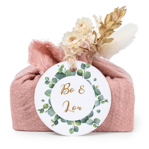 Såper i rosa stoffinnpakninger med rundt merke (sett à 6)