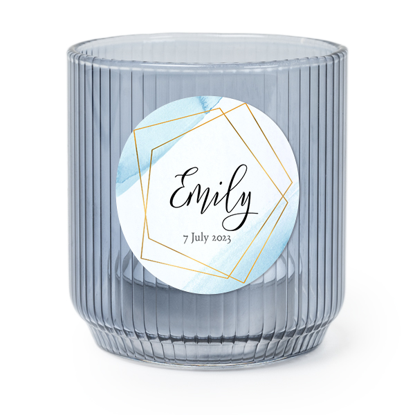 Personalised Blue Glass Tealight Holder with Round Stickers – Set of 6