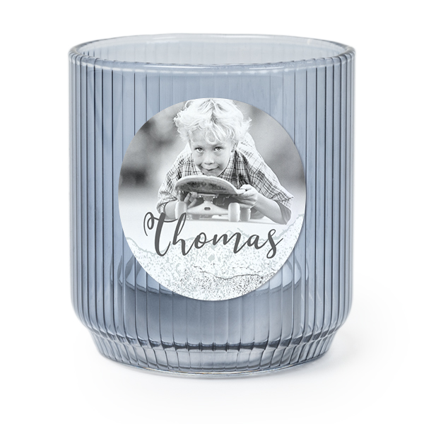 Personalised Blue Glass Tealight Holder with Round Stickers – Set of 6