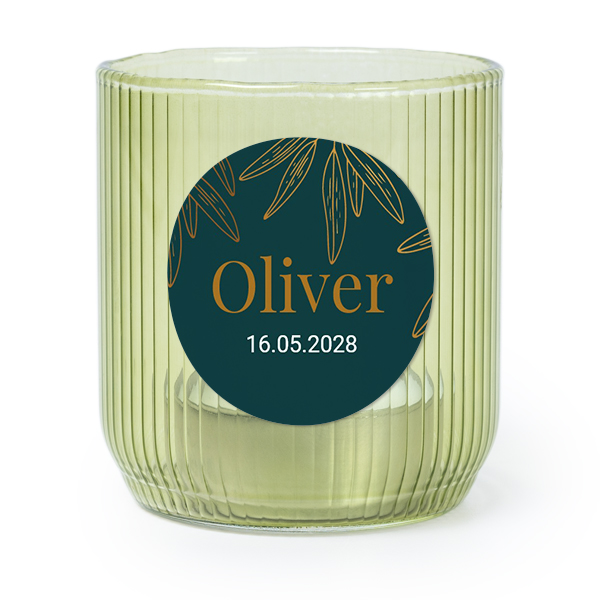 Personalised Green Glass Tealight Holder with Round Stickers – Set of 6