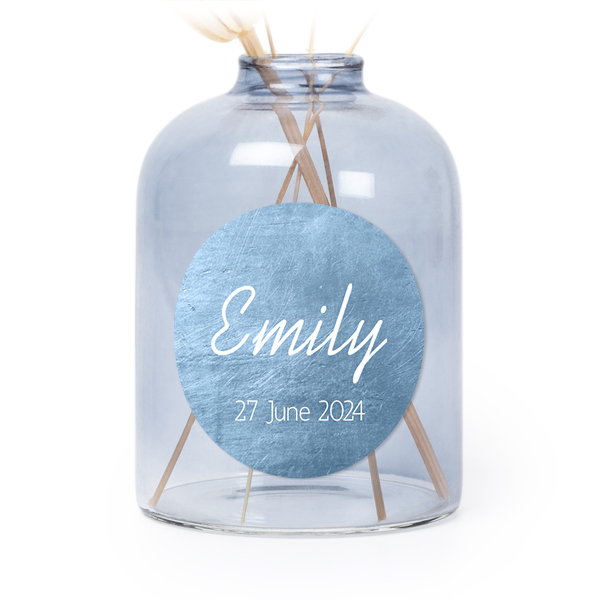Petit vase verre bleu avec autocollant rond - Lot de 6 Petit vase verre bleu avec autocollant rond - Lot de 6