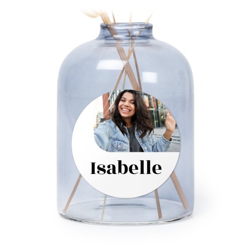 Glazen vaasjes blauw met ronde sticker - set van 6 Glazen vaasjes blauw met ronde sticker - set van 6
