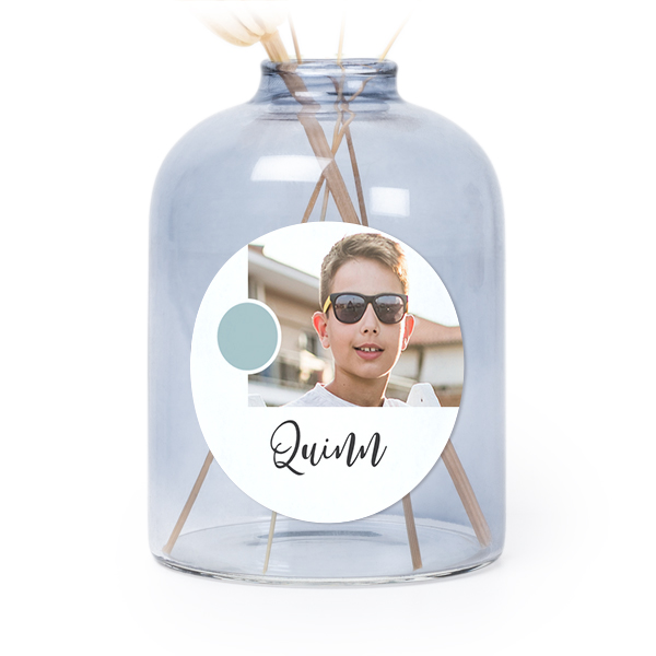 Glazen vaasjes blauw met ronde sticker - set van 6 Glazen vaasjes blauw met ronde sticker - set van 6