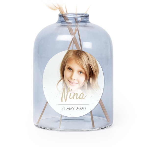 Glazen vaasjes blauw met ronde sticker - set van 6 Glazen vaasjes blauw met ronde sticker - set van 6