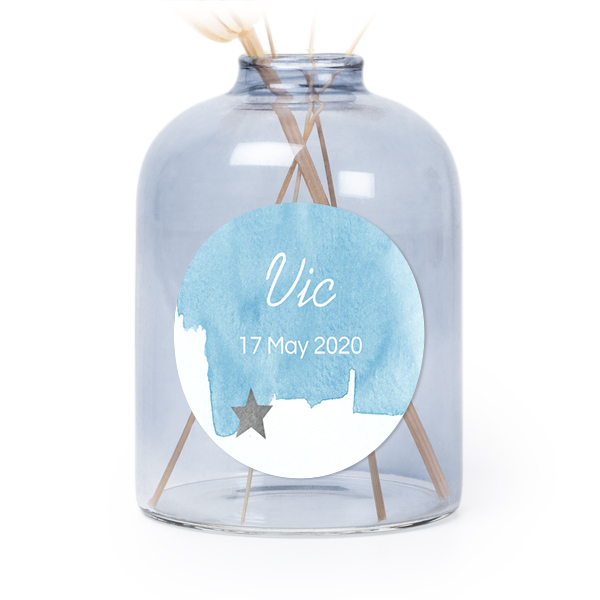 Petit vase verre bleu avec autocollant rond - Lot de 6 Petit vase verre bleu avec autocollant rond - Lot de 6