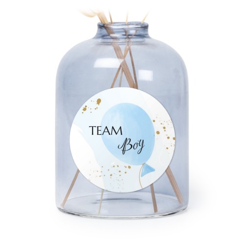 Glazen vaasjes blauw met ronde sticker - set van 6 Glazen vaasjes blauw met ronde sticker - set van 6