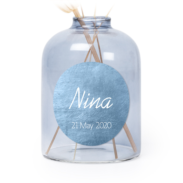Petit vase verre bleu avec autocollant rond - Lot de 6 Petit vase verre bleu avec autocollant rond - Lot de 6