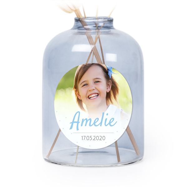 Glazen vaasjes blauw met ronde sticker - set van 6 Glazen vaasjes blauw met ronde sticker - set van 6