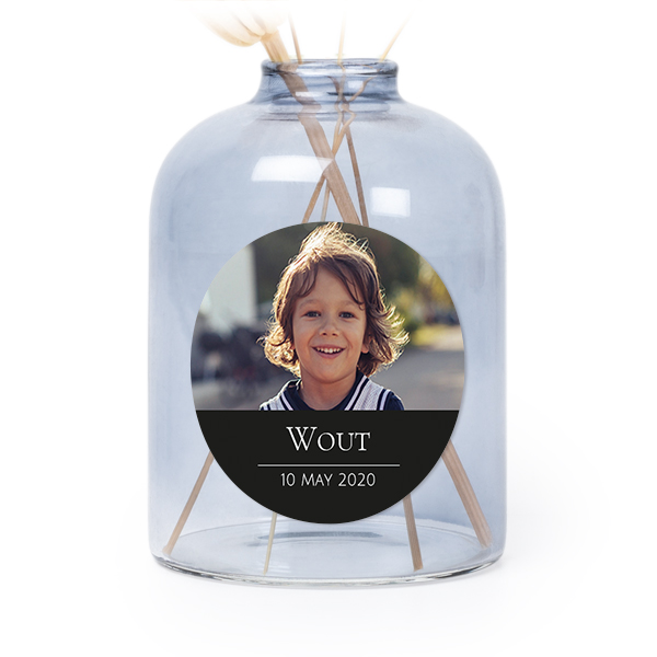 Glazen vaasjes blauw met ronde sticker - set van 6 Glazen vaasjes blauw met ronde sticker - set van 6