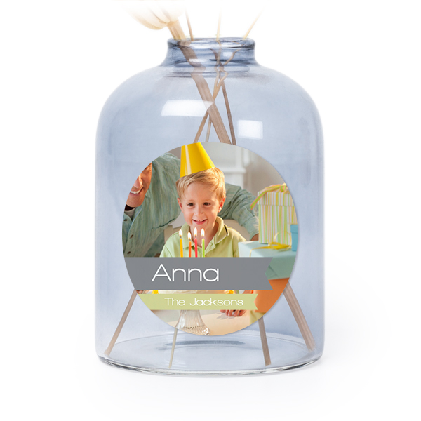 Glazen vaasjes blauw met ronde sticker - set van 6 Glazen vaasjes blauw met ronde sticker - set van 6