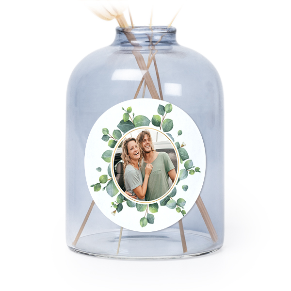 Glazen vaasjes blauw met ronde sticker - set van 6 Glazen vaasjes blauw met ronde sticker - set van 6