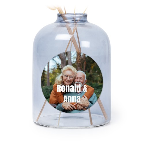 Glazen vaasjes blauw met ronde sticker - set van 6 Glazen vaasjes blauw met ronde sticker - set van 6