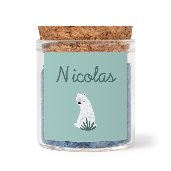 Mini bocal avec stickers carrés et sel de bain bleu (lot de 12) Mini bocal avec stickers carrés et sel de bain bleu (lot de 12)