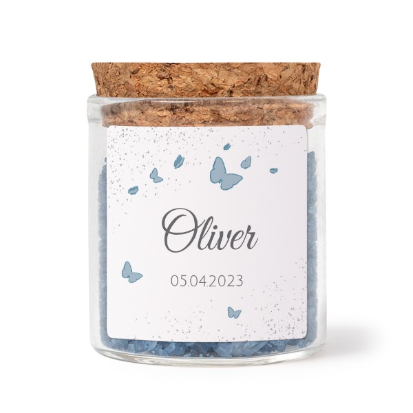 Glass jars with square stickers and blue bath salt - set of 12