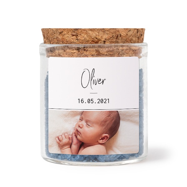 Glasburkar med fyrkantiga klistermärken och blått badsalt - 12 st