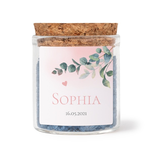 Glass jars with square stickers and blue bath salt - set of 12