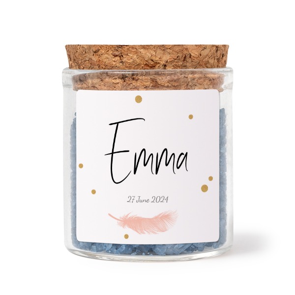Glass jars with square stickers and blue bath salt - set of 12