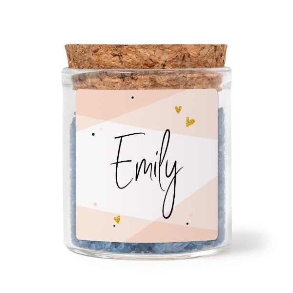 Glass jars with square stickers and blue bath salt - set of 12