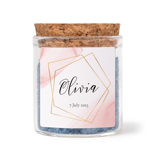 Glasskrukker med kvadratiske klistremerker og blått badesalt - 12 stk