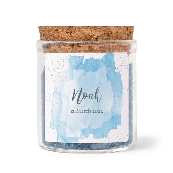 Glass jars with square stickers and blue bath salt - set of 12