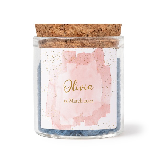 Glass jars with square stickers and blue bath salt - set of 12