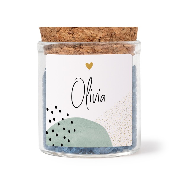 Glass jars with square stickers and blue bath salt - set of 12