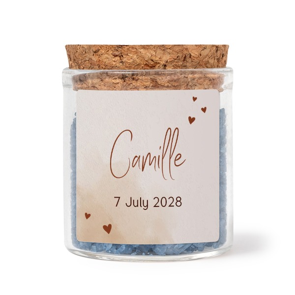 Glass jars with square stickers and blue bath salt - set of 12
